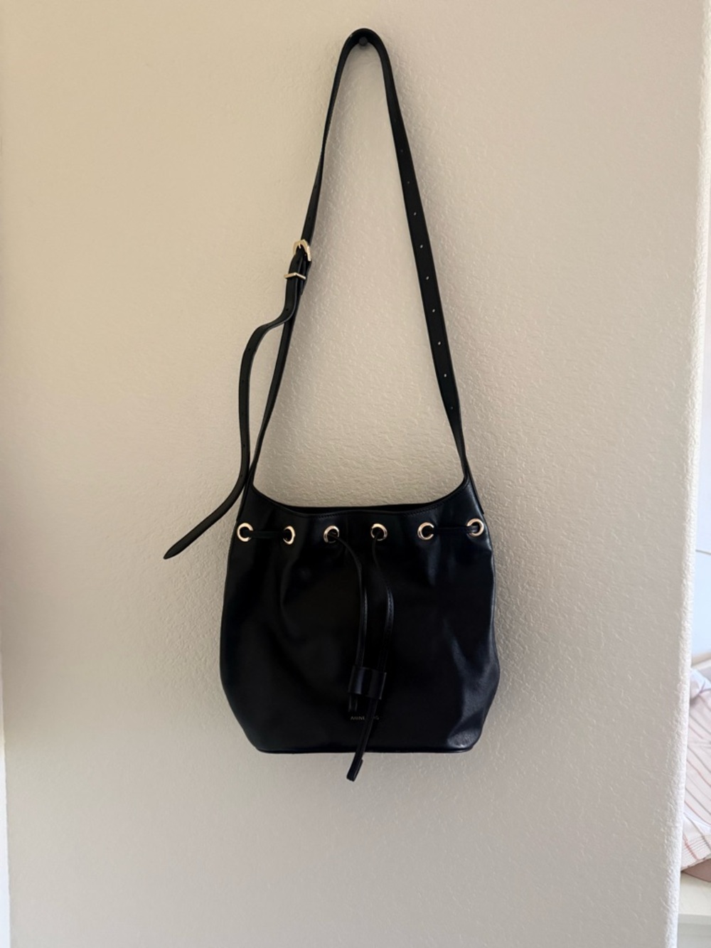 Anine Bing Black Leather Drawstring Bucket Shoulder Bag with Gold Eyelets